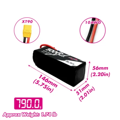 Batería Lipo 6S 5000mAh 22,2V 65C con conector XT90 CNHL Black Series **Bajo Pedido**