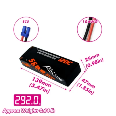 Batería Lipo Caja Dura 7,4 V 5600 mAh 2S 2P, CNHL Racing Series 120 C conector EC5