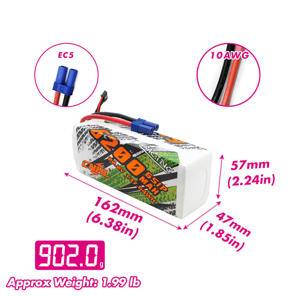 Batería Lipo 6S 6200mAh 22.2V 90C CNHL Racing Series   con enchufe EC5 **Bajo Pedido**