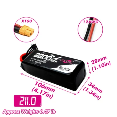 Batería Lipo 2200mAh 4S 14.8V 40C  con Conector XT60 para Avión RC CNHL Serie Black