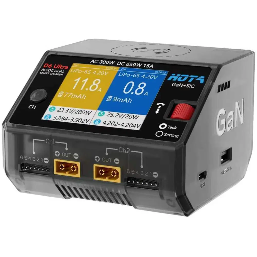 Cargador doble HOTA D6 Ultra GAN + SIC 1-6S CA 300 W/CC 650 W 15 A con carga inalámbrica para celular Gris transparente - Imagen 2