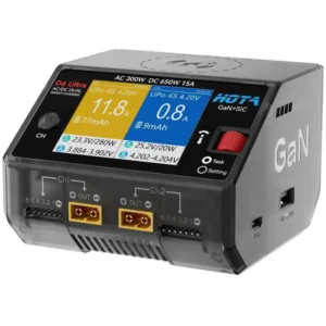 Cargador doble HOTA D6 Ultra GAN + SIC 1-6S CA 300 W/CC 650 W 15 A con carga inalámbrica para celular Gris transparente