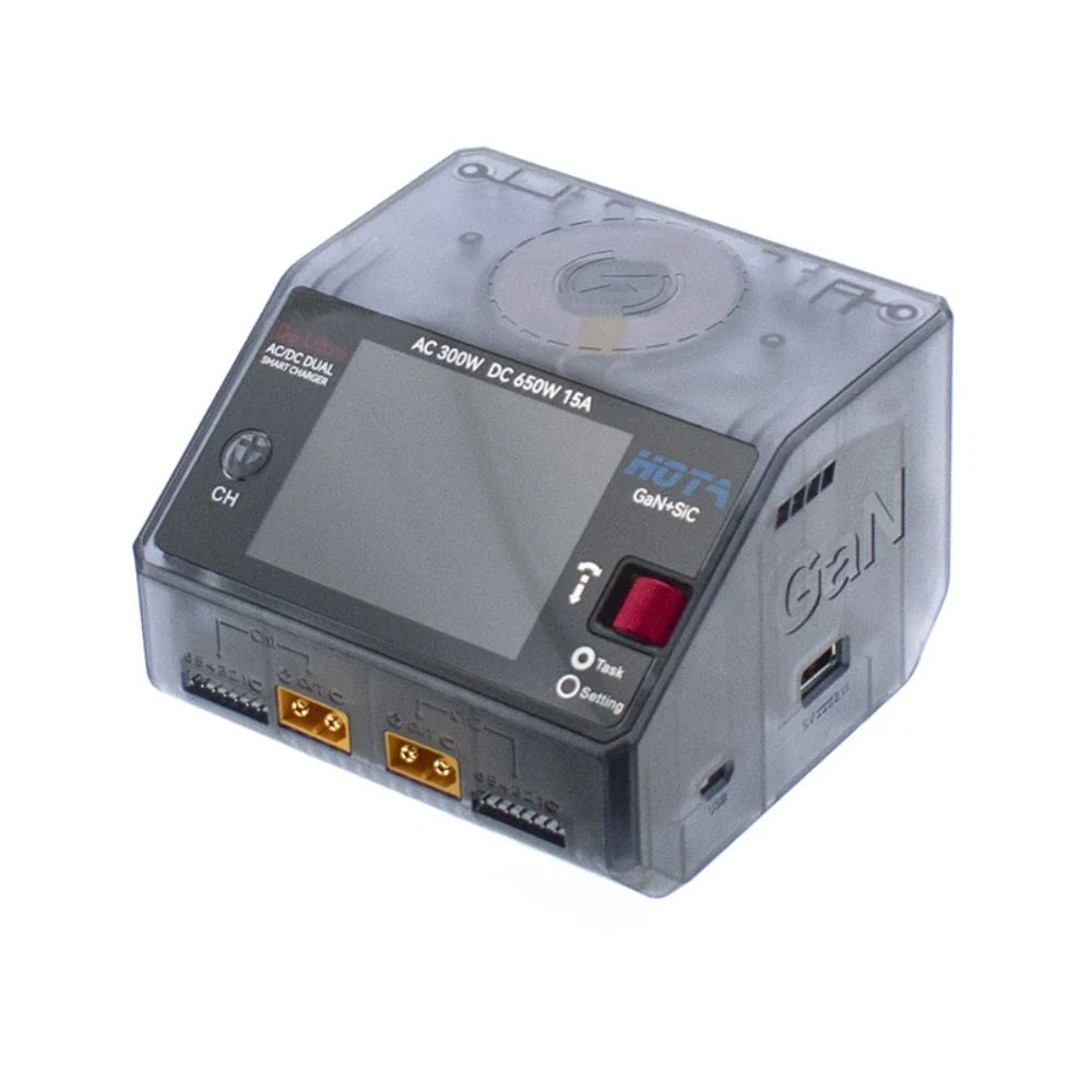 Cargador doble HOTA D6 Ultra GAN + SIC 1-6S CA 300 W/CC 650 W 15 A con carga inalámbrica para celular Gris transparente - Imagen 3