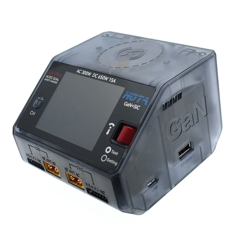 Cargador doble HOTA D6 Ultra GAN + SIC 1-6S CA 300 W/CC 650 W 15 A con carga inalámbrica para celular Gris transparente - Imagen 4