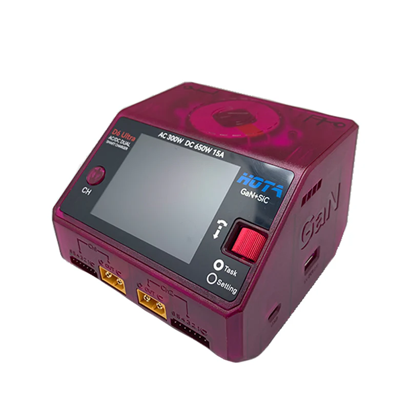 Cargador doble HOTA D6 Ultra GAN + SIC 1-6S CA 300 W/CC 650 W 15 A con carga inalámbrica para celular Purpura Transparente
