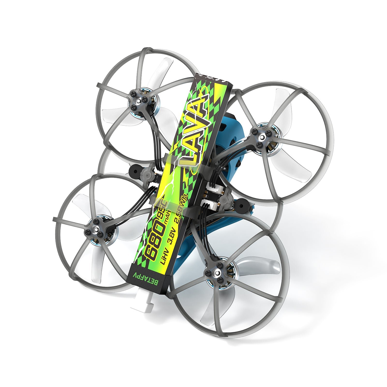 Parte inferior del Meteor75 Pro II O4 con una bateria BetaFPV LAVA 1S de 680 mAh instalada