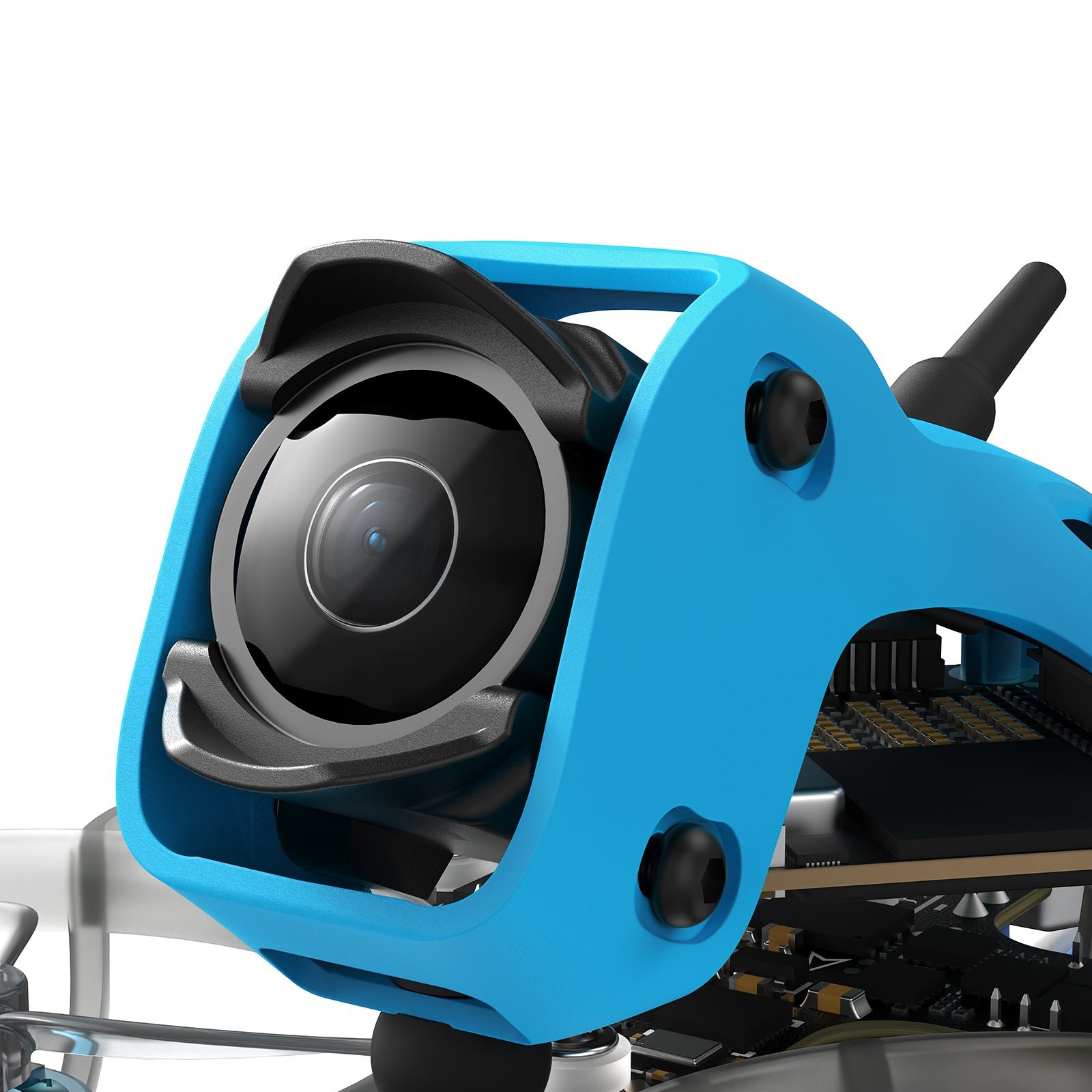 Primer plano de la unidad de video DJI O4 Lite montada en la cubierta azul del Meteor75 Pro II