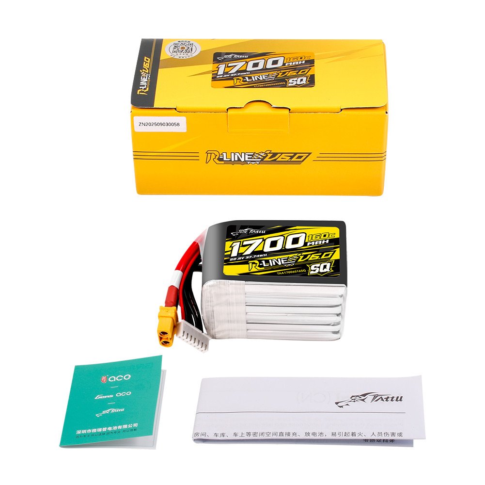 Caja y contenido de la batería Lipo 6S 1700mAh Tattu R-Line V6.0