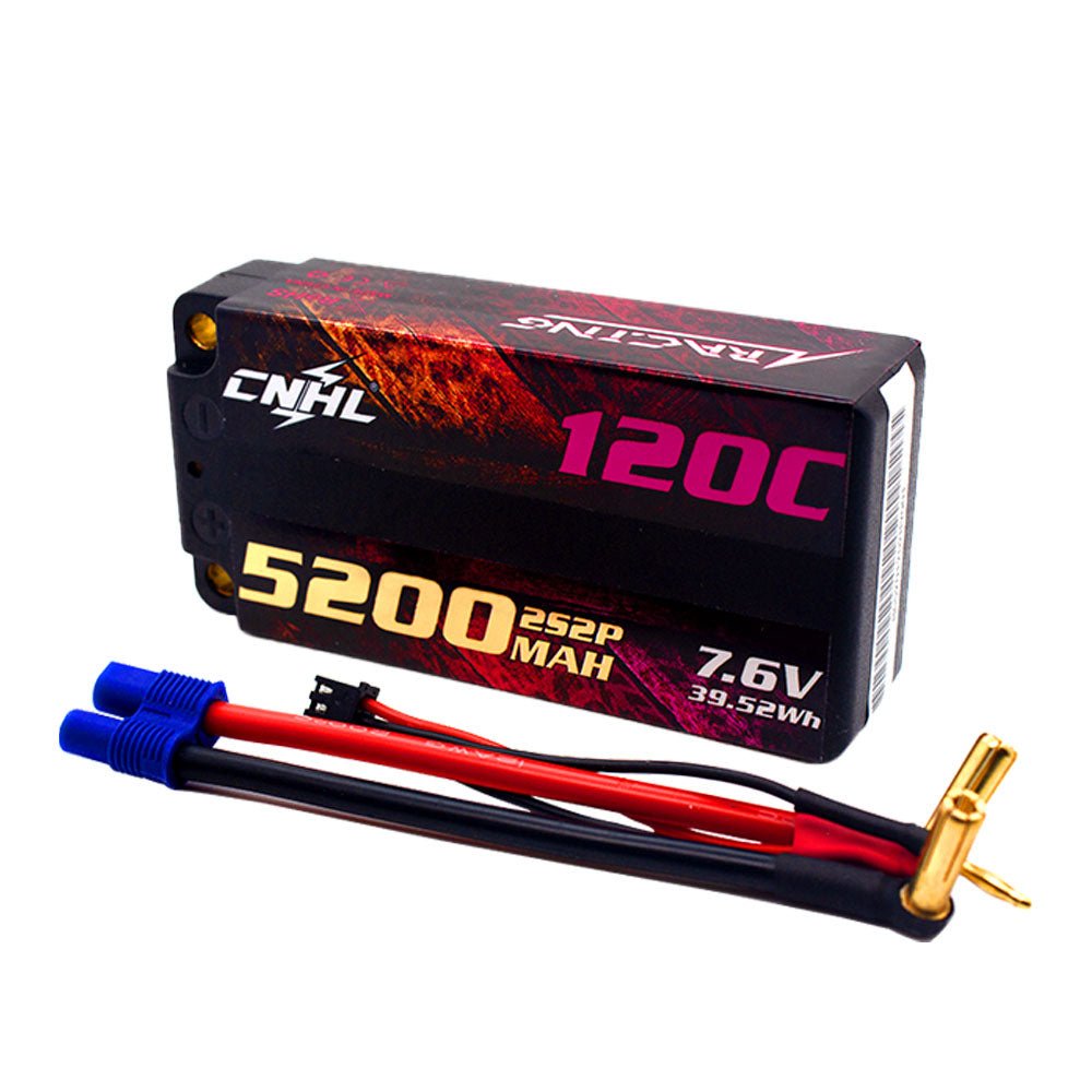 Etiqueta de la batería CNHL con especificaciones 5200mAh 7.6V 2S 120C y número de stock